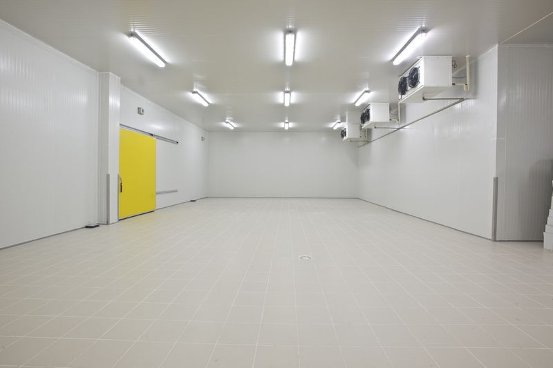 Spacious industrial cold storage facility with clean white walls and bright lighting