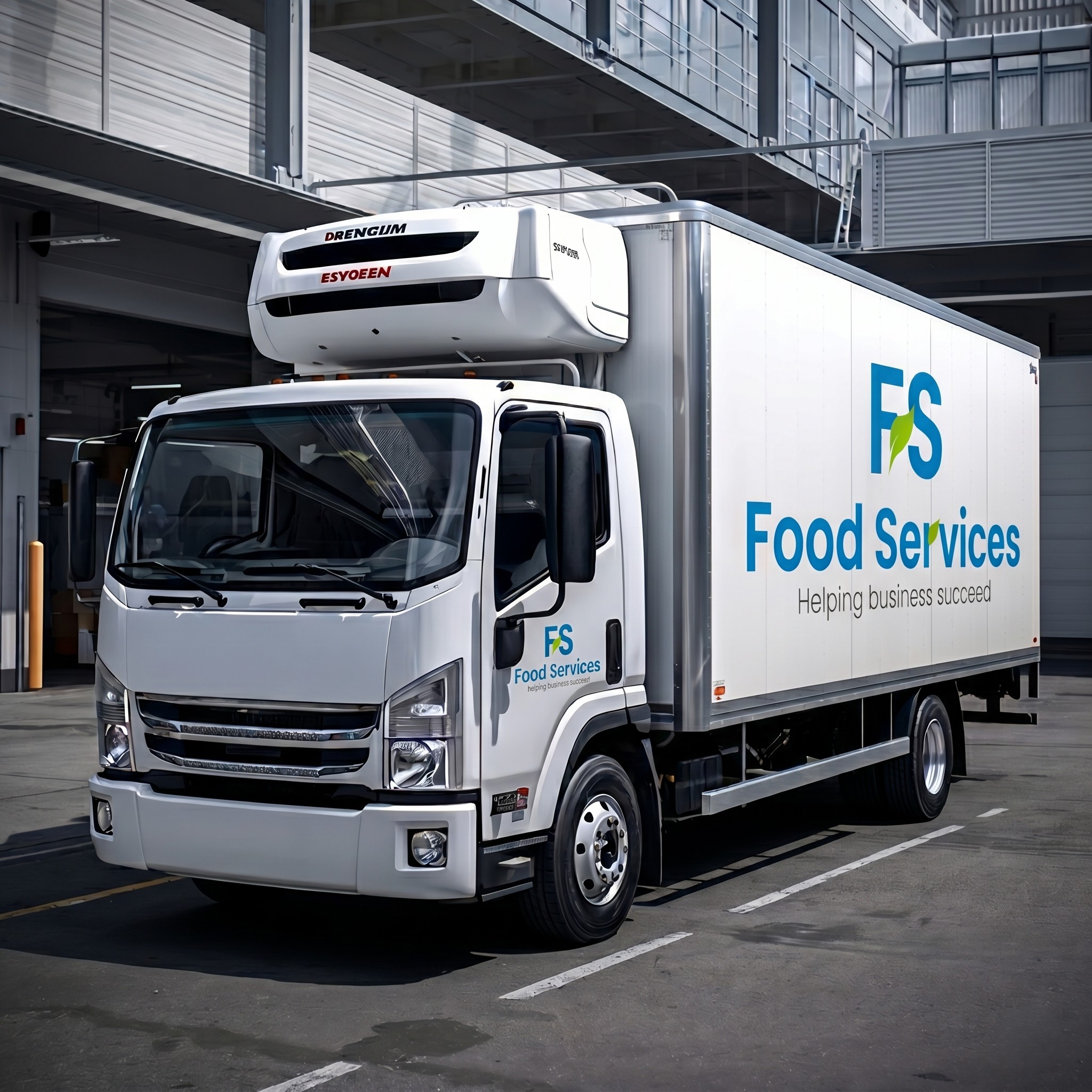 White refrigerated truck with Food Services branding parked in a modern facility.