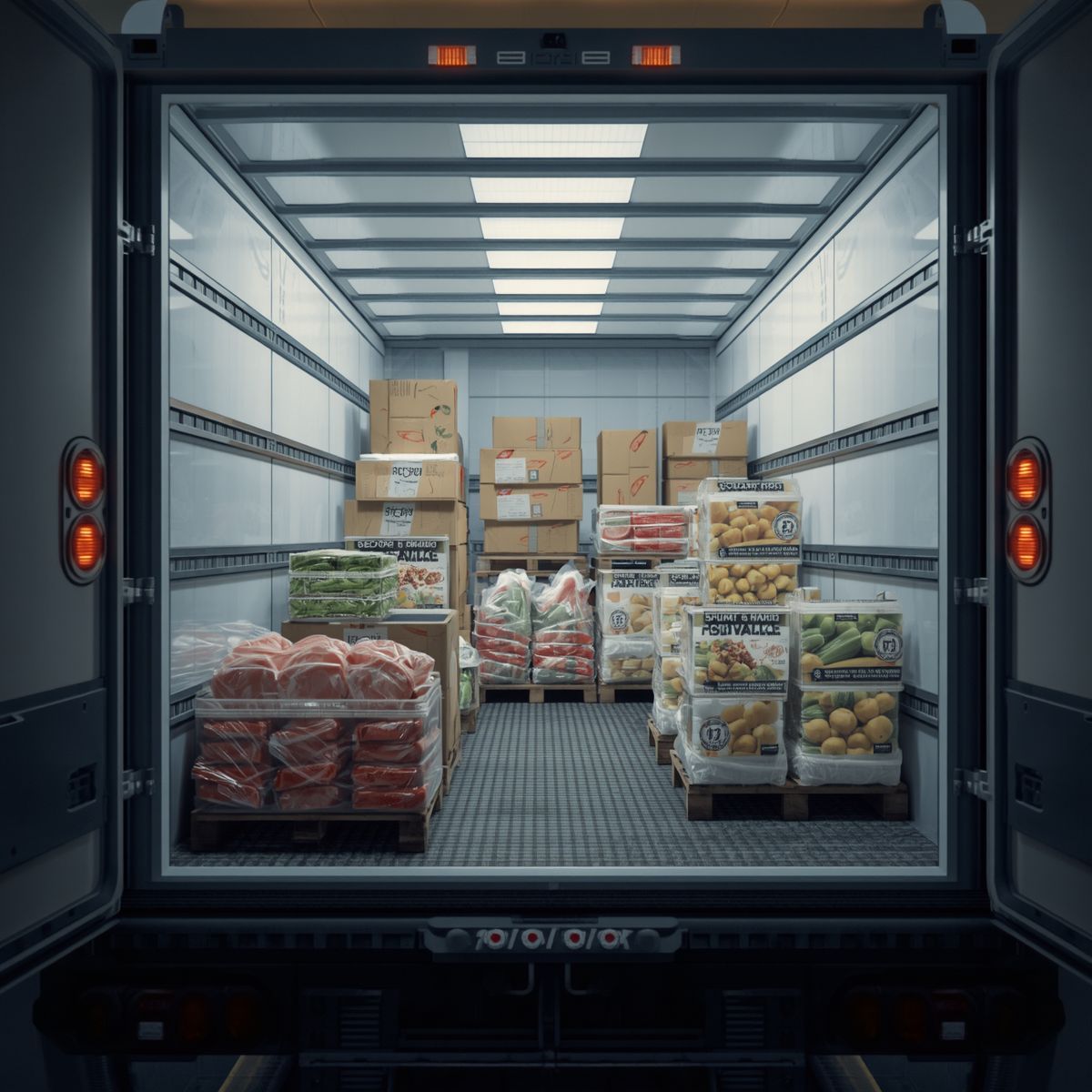 Open refrigerated truck loaded with fresh produce, meats and packaged goods